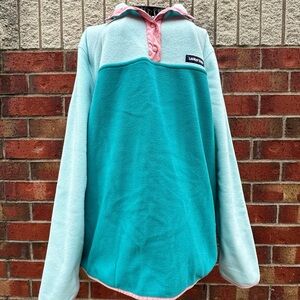 Lands' End Aqua Pink Fleece Pullover Jacket 1/4 Snap Side Pockets Sz XL